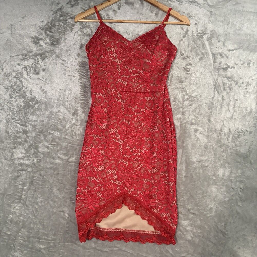 Danesi Floral Lace Asymmetrical Hem Dress Women XS/0/2 Red Cocktail Evening